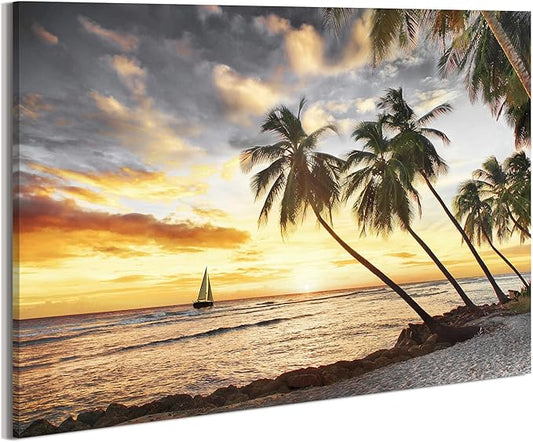 Coastal Wall Art Canvas Decor: Beach Scene Sunset Picture Ocean Sea Tropical Palm Tree Print Seascape Sailboat Painting Seaside Seashore Landscape Artwork for Bathroom Living Room 24 x 16 Inch