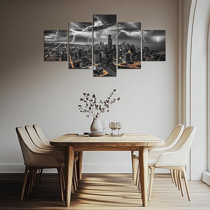 Cawpom Chicago Wall Art Chicago Skyline Picture Wall Decor Lightning Strike Canvas Prints Storm Cityscape Painting Black and White City Poster Frame Home Living Room Decoration(60x32 inches)