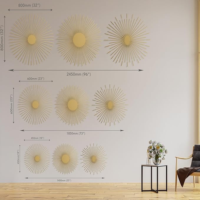 NEODECO Sun Rays-Triple Metal Wall Art, Geometric Sun Decor, Metallic colors, Large 3D wall sculpture, model BCD, Set of 3 (Gold, Large)