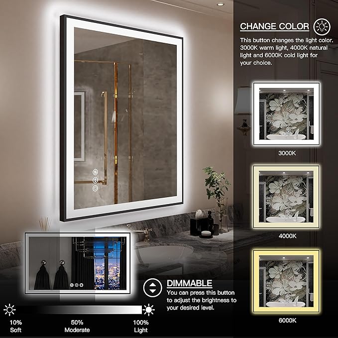 LED Bathroom Mirror 36x32 with Backlit and Front Lighted, Framed Dimmable Illuminated Mirror for Wall Anti-Fog Shatterproof (Horizontal/Vertical)