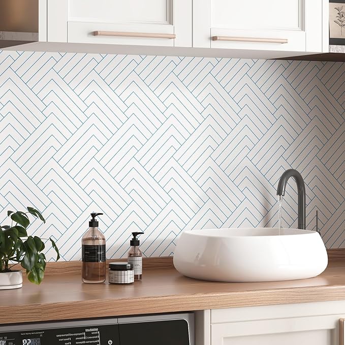 Blue White Geometric Peel and Stick Wallpaper Self Adhesive Geometric Contact Paper for Walls Striped Wallpaper Peel and Stick Modern Accent Wallpapers for Bedroom Kitchen Bathroom 17.5"x120"