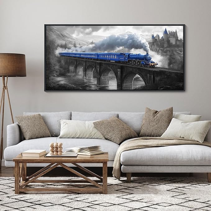 JEAWA Large Framed Canvas Wall Art - 24x48 IN Blue White Gray Landscape Wall Decor, Picture with Castle Bridge Train, Art Prints for Living Room Bedroom Bathroom Home Decoration