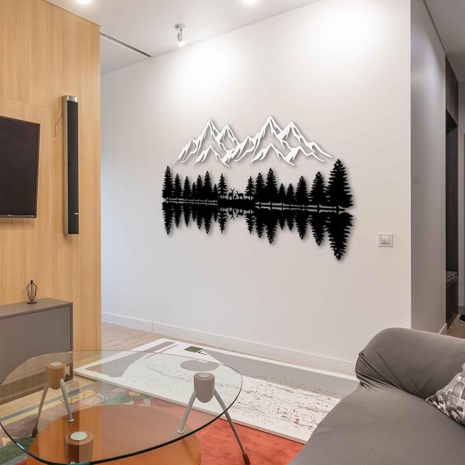 KAWA METALWORKS Mountain and Forest Wall Art Home Decor, Metal Pine Trees and Hill, Large Nature Decor, Mountain Landscape
