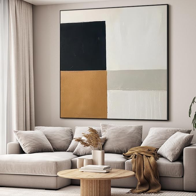 60"x60" XL Framed Wall Art - Geometric Abstract Black, White, and Gold (Frame Assembly Required)