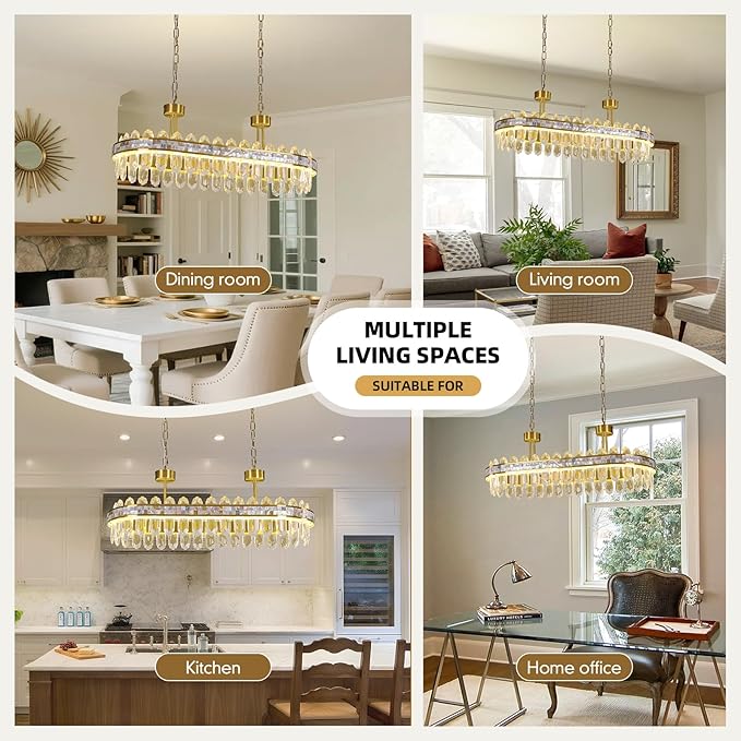 Modern Rectangle Led Crystal Chandelier for Dining Room - L31.5'' Gold 3 Color Stepless Dimmable Oval Chandelier,Luxury Long Linear Chandeliers for Living Room Kitchen Island with Remote Control