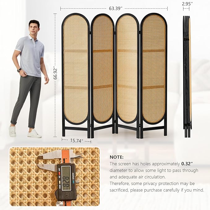 4 Panel Room Divider, Double Hinged Foldable Wooden Room Divider, Individual Privacy Screen Made of Hand-Woven Rattan, Portable Wall Divider for Home Office Bedroom Bathroom (Black Natural)