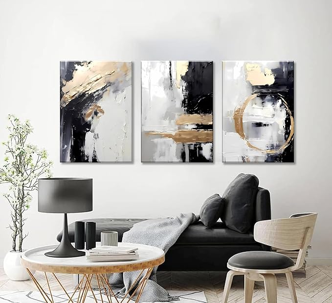 3pcs Framed Black White Gold Canvas Wall Art Abstract Geometric Textured Posters Prints Pictures Paintings with Faux Stucco Finish Modern Beige Minimalist Wall Decor for Living Room Bedroom Bathroom