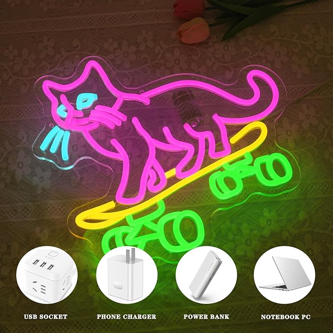 Cat Skateboard Neon Sign for Wall Decor Cat Neon Light Skateboard LED Neon Signs Colorful Led Neon Lights for Bedroom Pet Shop Skatepark Decoration