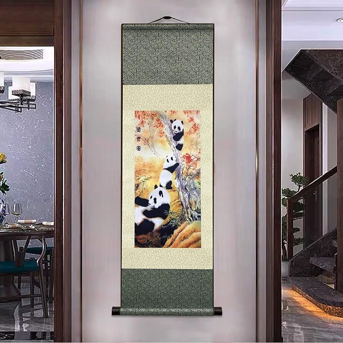 AtfArt Asian Wall Decor Beautiful Silk Scroll Painting National Treasure Chinese Panda Oriental Decor Chinese Art Wall Scroll Wall Hanging Painting Scroll (39 x 12 in)