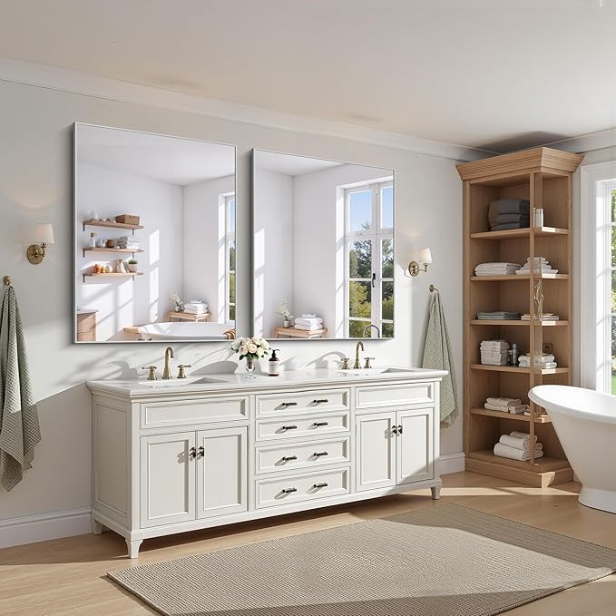 KOCUUY Silver Framed Mirror, 48"x40" Large Rectangle Bathroom Mirror for Wall, HD Tempered Glass, Anti-Rust Brushed Silver Frame, Modern Design for Bathroom, Bedroom, Living Room, Entryway