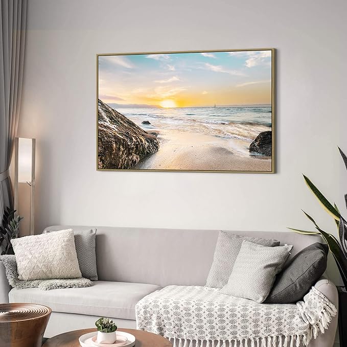 Canvas Wall Art Beach Picture: Large Coastal Sunset Scene Framed Artwork Sea Ocean Seascape Painting Seaside Rocky Seashore for Home Living Room Office Decor 48 x 32 Inch
