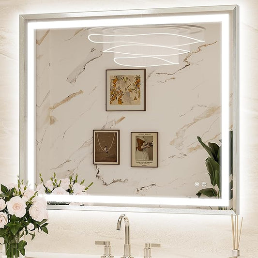Keonjinn 42 x 36 Inch Brushed Nickel LED Mirror for Bathroom, Frontlit & Backlit Bathroom Vanity Mirror with Lights, HD Tempered Glass, Beveled Framed, 3 Color Temperature, Anti-fog, Plug-in/Hardwired