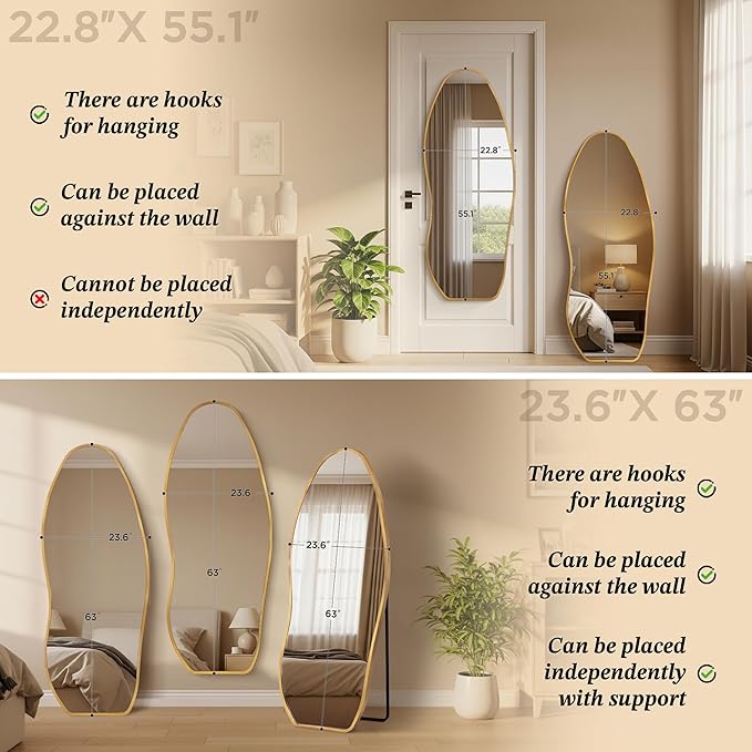 Mirror Full Length - Irregular Full Body Mirror Standing or Leaning or Wall hanging 63"x 24" Asymmetrical Aviation Aluminum Alloy Frame Unique for Bedroom, Living Room, Cloakroom, Entryway