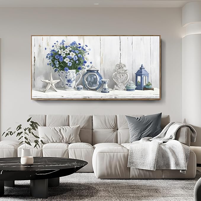 Nicetop Oversized Framed Wall Art for Living Room – Large Floral Canvas Print Blue and White Still Life Artwork Giant Shabby Chic Picture Bedroom Dining Room Office Beach Rustic Country Decor 58x29 Inch