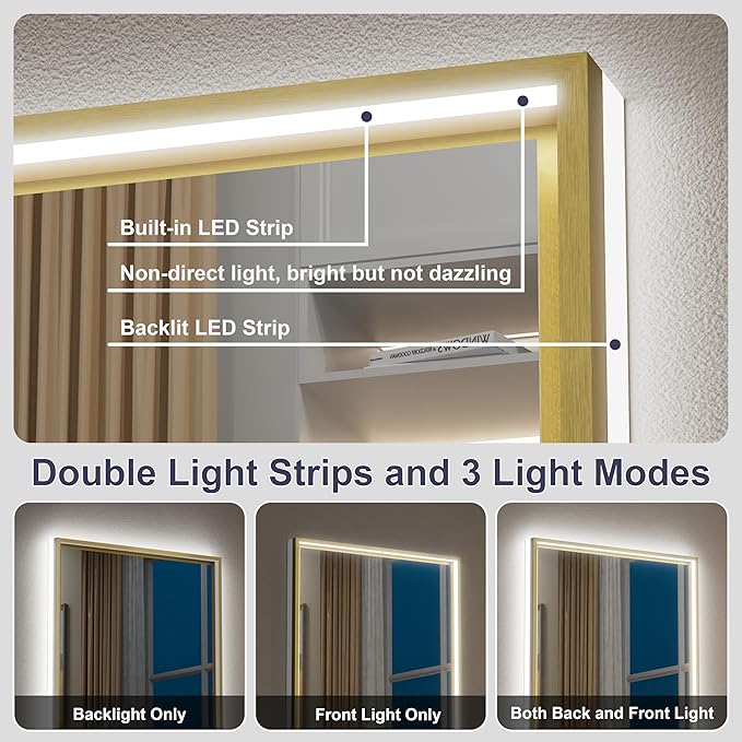 20x28 Inch Gold LED Bathroom Mirror, Front and Backlit Controlled Separately, Lighted Bathroom Vanity Mirror, 3000K/4500K/6000K, Wall Mounted, Dimmable, Anti-Fog, Horizontal/Vertical