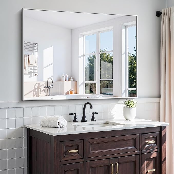 KOCUUY Silver Bathroom Mirror, 48"x36" Large Rectangle Bathroom Mirror for Wall, HD Tempered Glass, Anti-Rust Brushed Silver Frame, Modern Design for Bathroom, Bedroom, Hang Horizontal/Vertical