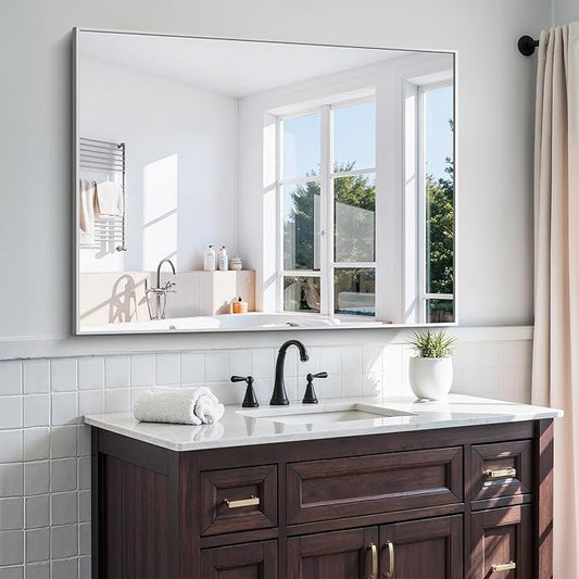 KOCUUY Silver Bathroom Mirror, 48"x36" Large Rectangle Bathroom Mirror for Wall, HD Tempered Glass, Anti-Rust Brushed Silver Frame, Modern Design for Bathroom, Bedroom, Hang Horizontal/Vertical