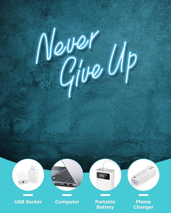 NEVER GIVE UPLED Neon Sign for Wall Decor,Neon Lights Party Decorations, USB Powered Switch Neon Lights lighting adjustable for Office Room, Gym Room, Man Cave, Gamer Room