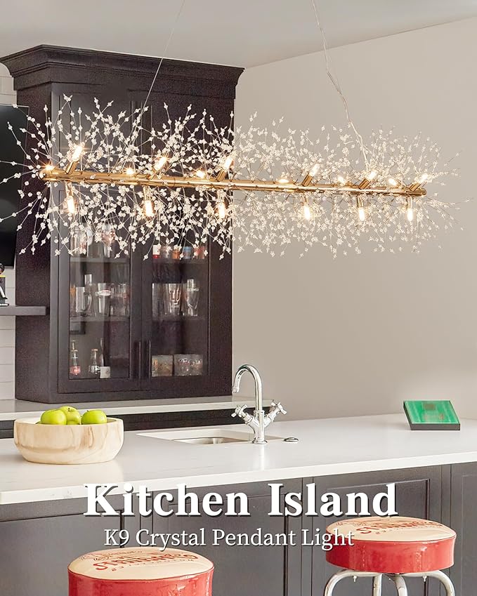 Modern 59" Modern Gold Crystal Firework Chandelier, 18-Light Pendant Light Fixture, Rectangle Linear Sputnik Dandelion Chandeliers for Dining Room Kitchen Living Room