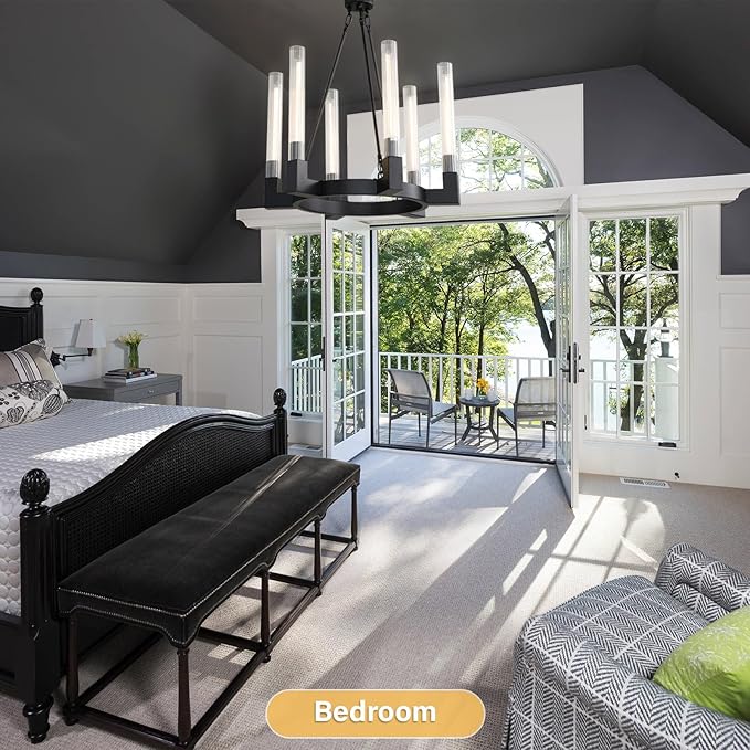 Black Farmhouse Wagon Wheel Chandelier with Glass Tube, 23.6 Inch Large Round 6-Light Luxurious Chandelier Fixture Ceiling Pendant Lighting for Living Room, Dining Room, Bedroom, Foyer