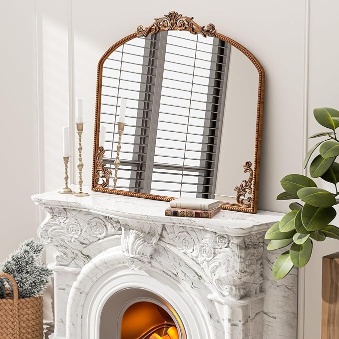 Arched Gold Wall Mirror, 36"X30" Antiqued Baroque Brass Fireplace Mirror Decor, Victorian Vintage Mirror with Metal Frame&Art Carved, for Entryway/Bedroom/Bathroom/Mantle/Hallway