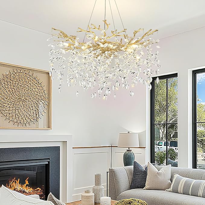 Modern Crystal Chandelier Gold Tree Branch Chandelier 23.6" Luxury Gold K9 Crystal Chandeliers 6-Light Ceiling Hanging Chandeliers for Dining Room Kitchen Island Foyer