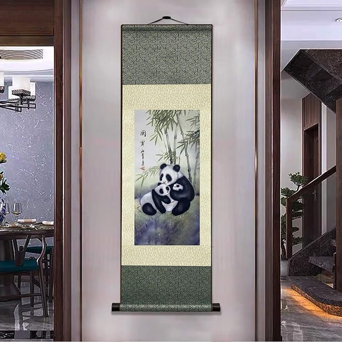 AtfArt Asian Wall Decor Beautiful Silk Scroll Painting Chinese Panda National Treasure Oriental Decor Chinese Art Wall Scroll Wall Hanging Painting Scroll (36.2 x 12 in)