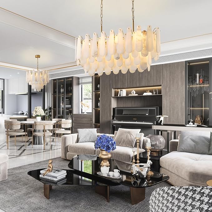 Chandeliers for Dining Room, L39.4in Modern Alabaster Rectangle Brass Chandelier, 4-Tiers Luxury Natural Stone Ceiling Light Fixture, White Marble Chandeliers for Kitchen Island Living Room