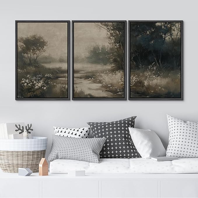 MUDECOR Framed Wall Art Print Set Vintage Landscape Subtle Forest and River in Earthy Tones Illustrations Modern Art Boho Decorative Colorful Chic for Living Room, Bedroom, Office - 16"x24"x3 Black