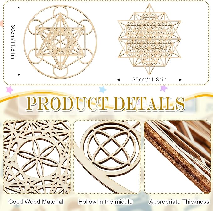 Leinuosen 4 Pcs 12 Inch Crystal Grid Board Sacred Geometric Wall Art Set Metatron Cube, Flower of Life, Sri Yantra, 64 Star Tetrahedron Pagan Decor Home Wall Decor for Room (Wood Color)