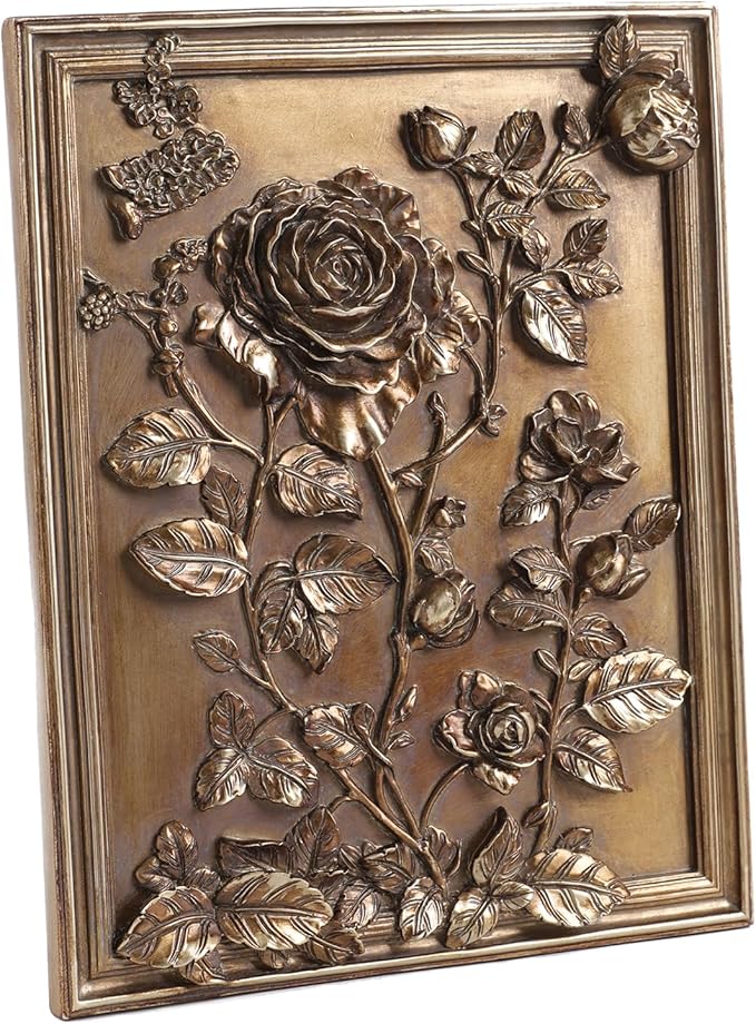 Kangce Vintage Wall Sculpture Home Decor Living Room Antique Hallway Galery Wall Art with Embossed Rose Design Aesthetic Home Decor,Rectangular,Bronze