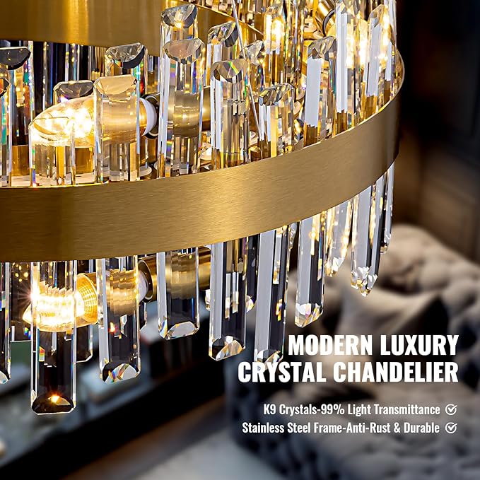 Modern Gold Crystal Chandelier, 12-Light Luxury Dining Room Chandelier, Elegant K9 Crystal Pendant Ceiling Light Fixture for Living Room, Kitchen, Entryway, E12 Base, 59" Adjustable Wire