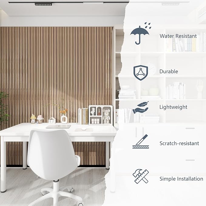 KASARO 3D Faux Wood Wall Panels - 16 Pack (47.2"x4.8") Fluted Slat Paneling for Walls & Ceilings, Adhesive or Nail Install, Waterproof Textured Decor - Living Room, Bedroom, Walnut