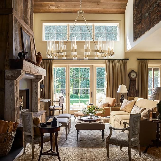 48 Inch Gold Chandelier, Wagon Wheel Chandelier with Glass Shade, 16-Lights Large Round Modern Farmhouse High Ceiling Pendant Lighting Fixture for Dining Room, Living Room, Kitchen, Foyer
