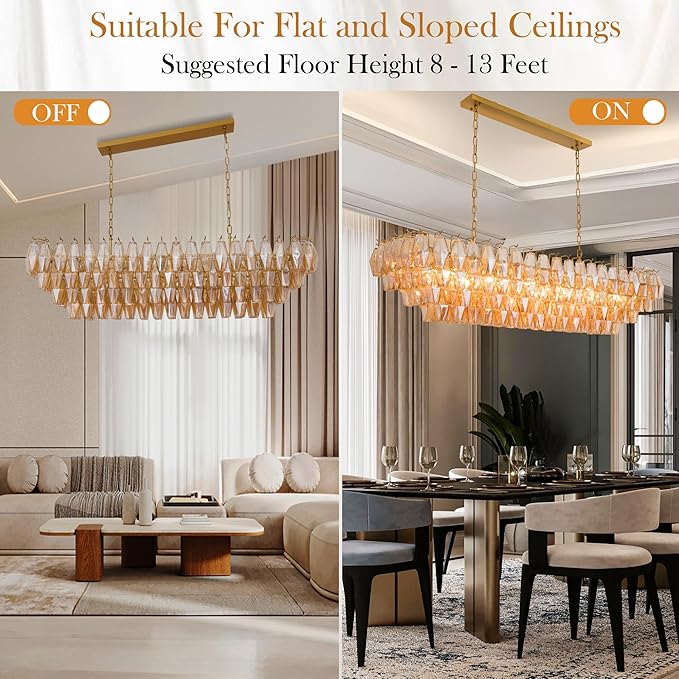54" Gold Rectangular Chandeliers for Dining Room, 12-Light 4 Tiered Large Smoke Glass Brass Chandelier, Modern Kitchen Island Farmhouse Hanging Light Fixture for Living Room Foyer