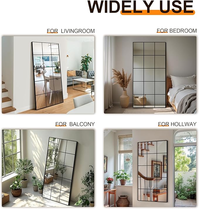 Delma Full Length Mirror, 64"x 32" Window Pane Decorative Mirror for Wall, Black Metal Framed Wall Decor, Wall Mounted, Hanging or Leaning for Bedroom, Living Room, Entryway