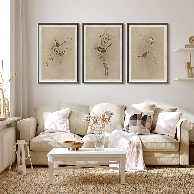 MUDECOR Framed Wall Art Print Set Vintage Bird Wheat Ear Illustrations Modern Art Boho Decorative Colorful Chic for Living Room, Bedroom, Office - 16"x24"x3 Black