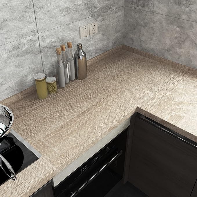 Light Wood Contact Paper Peel and Stick Oak Wood Wallpaper 23.6"x78.74" Brown Gray Textured Wood Grain Contact Paper for Countertops Kitchen Cabinets Waterproof Self Adhesive Furniture Wood Vinyl Wrap