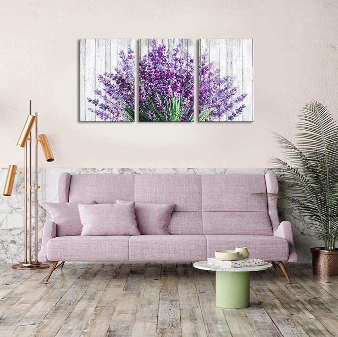 Lavender Wall Decor Purple Wall Art Rustic Farmhouse Flowers Canvas Prints Rural Floral Pictures for Bathroom Nature Botanical Paintings Artwork Dining Room Kitchen Home Decorations 16x24” 3 Pcs/Set