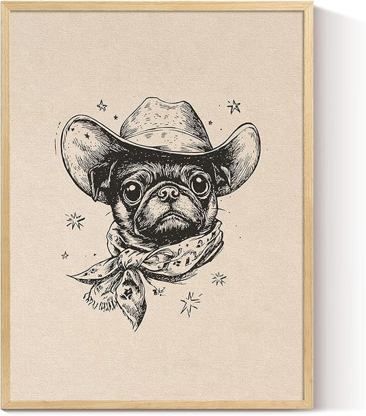 ARPEOTCY Small Framed Canvas Wall Art, 12x16in, Vintage Cowboy Dog Art, Western Room Wall Decor for Bedroom Office Nursery Shelf, Cowdog Artwork