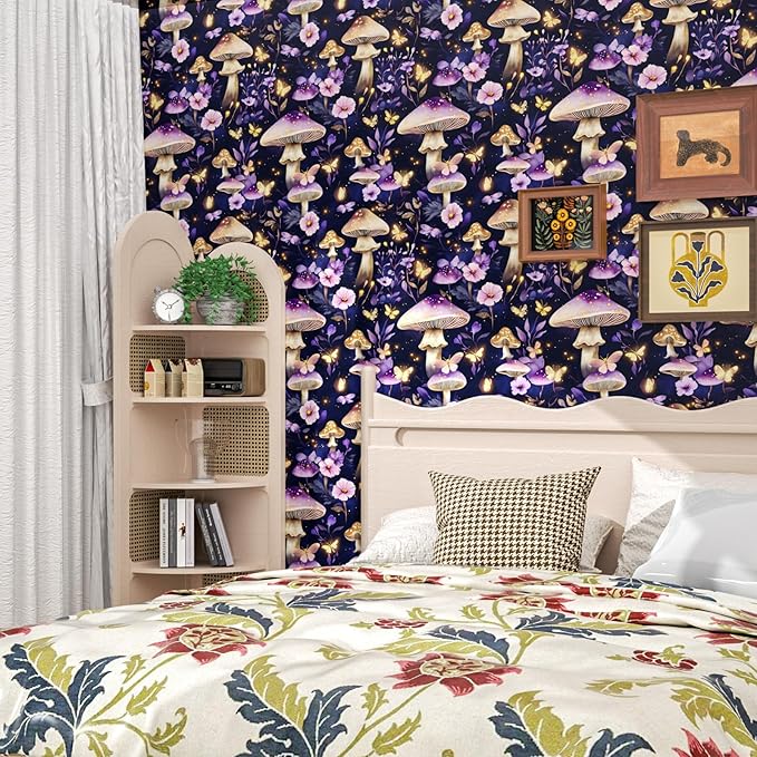 Mushroom Wallpaper Boho Peel and Stick Wallpaper Purple Leaf Vintage Contact Paper Purple Floral Wall Paper Removable Wallcovering Self Adhesive for Cabinet Drawers Wall Decor 17.5''x393''