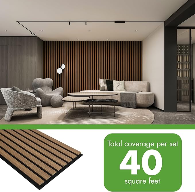 Art3d 20-Pack 12" x 24" Soundproof Wood Slat Panels, 40 sq.ft Acoustic Wall Panels, 3D Wall Panels with Wood Slat Design, Decorative Wood Wall Panel for Accent Walls-Deep Walnut