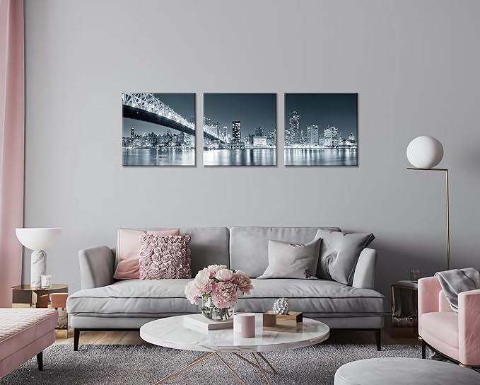 New York City Skyline Panoramic Canvas Art Black and White Brooklyn Bridge Night Scene 3 Panel Modern Urban Landscape Wall Decor Skyscrapers Reflection Print Living Room Office Bedroom Home Decoration