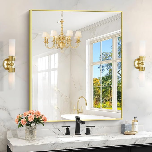 KOCUUY Gold Bathroom Mirror, 30"x36" Rectangle Bathroom Mirror for Wall, HD Tempered Glass, Anti-Rust Frame, Modern Design for Bathroom, Bedroom, Living Room, Entryway