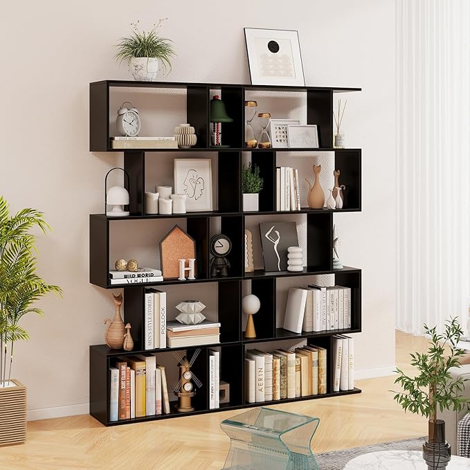 5 Tier Geometric Bookcase, S Shaped Bookshelf, Modern Decorative Storage Shelving, Wooden Room Divider Bookcase, 62.5" Tall Staggered Display Book Shelf for Living Room (2, Black)