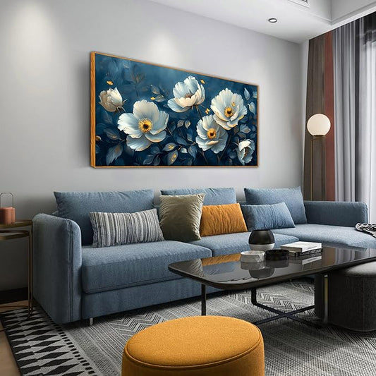 Ouzzlie White Floral Canvas Wall Art for Bedroom Large Blue Wall Decor Plant Picture Artwork 24" x 48"