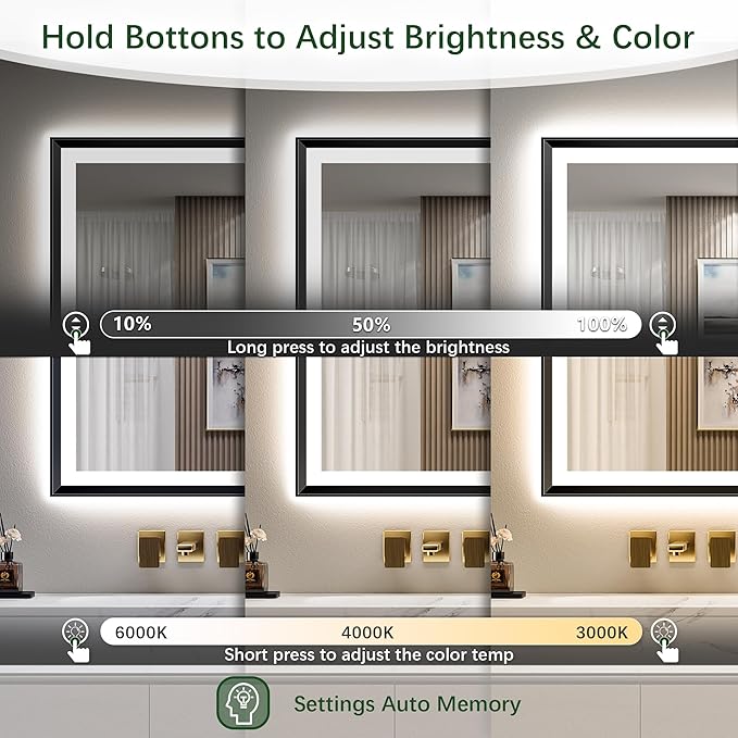 24x36 Black Framed Led Bathroom Mirror with Lights, Front Lit and Backlit, Lighted Vanity Mirror for Bathroom Wall, Anti-Fog, Dimmable, 3 Colors, Memory, HD Tempered Glass