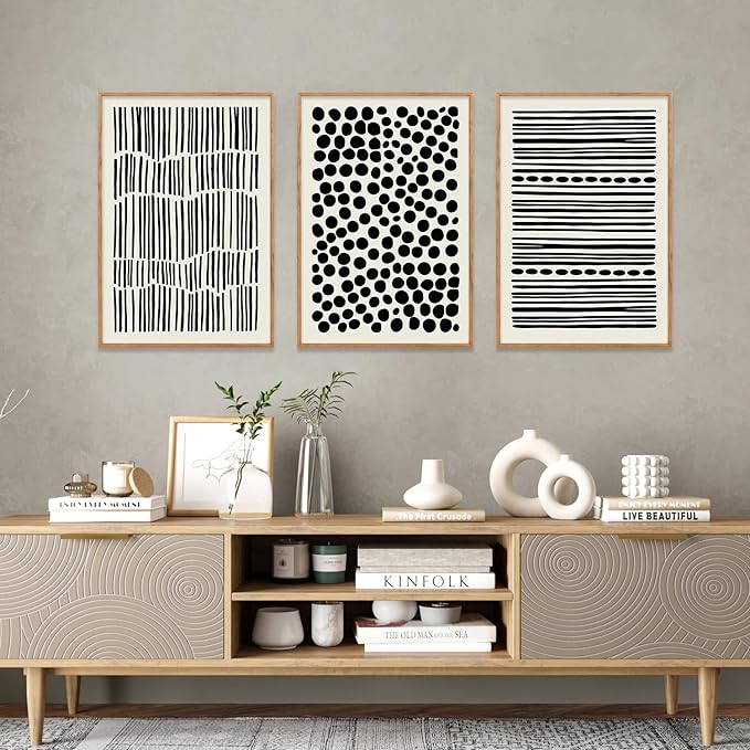 KAIRNE 3Pcs Black and White Boho Framed Canvas Wall Art Set, Minimalist Geometric Line Wall Decor, Abstract Black Wall Painting, Modern Neutral Art Print for Living Room, Bedroom, Kitchen 24x36inch