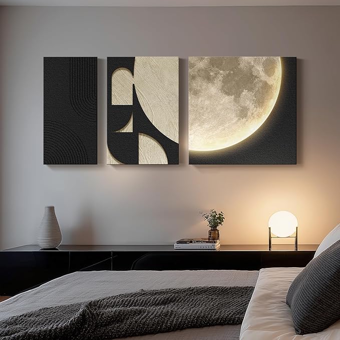 3D Textured Black and White Abstract Wall Art with LED Lights Moon Design, 3 Piece Modern Wall Paintings Artwork for Walls, Minimalist Neutral Black Beige Wall Decor for LIving Room, Hallway, Bedroom
