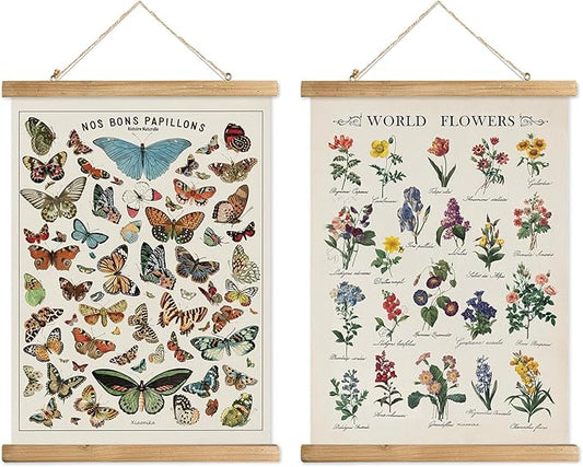 XIAOAIKA Vintage Butterfly and World Flowers Poster Set - Educational Insect and Botanical Wall Art with Wooden Hanging Frames, Decorative Prints for Home and Classroom 16 x 23 Inches